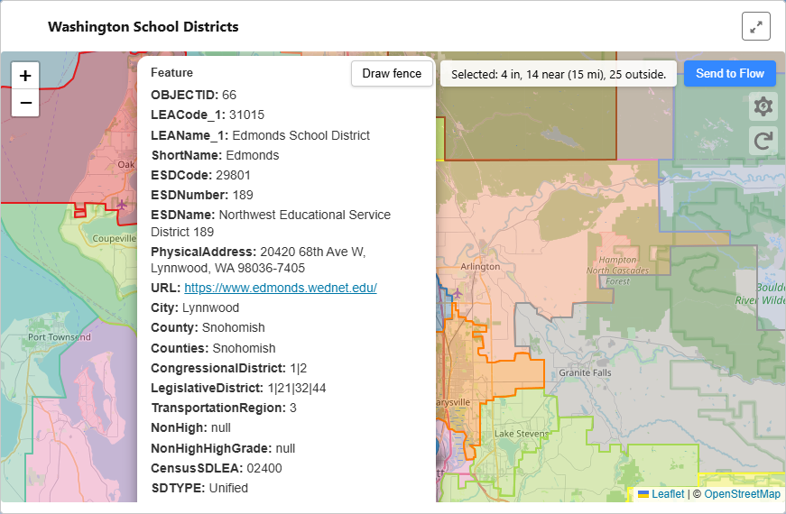 Map widget header and district feature detail.