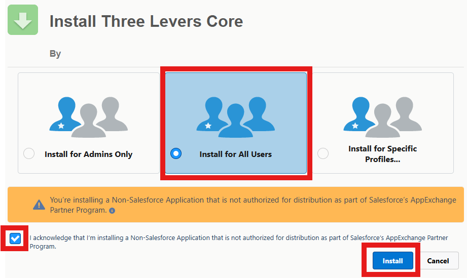 Install Three Levers Core: Install for All Users, acknowledge checkbox, and Install